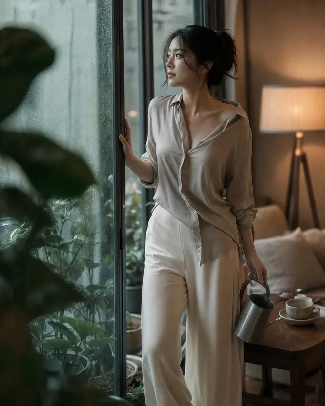 A woman stands near a balcony door after rain, holding a watering can, looking thoughtfully outside. Soft light illuminates her silk shirt and features, with blurred plants and furniture in the background.