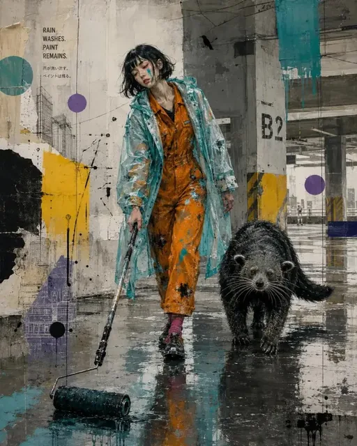Melancholic woman with binturong in rain-soaked industrial setting, graffiti and collage overlays.