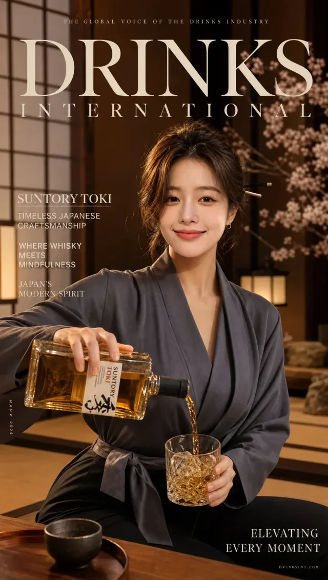 Ultra-realistic magazine cover featuring an elegant Korean woman in a silk wrap blouse, pouring Suntory Toki whisky into a crystal glass, set in a minimalist Japanese ryokan.