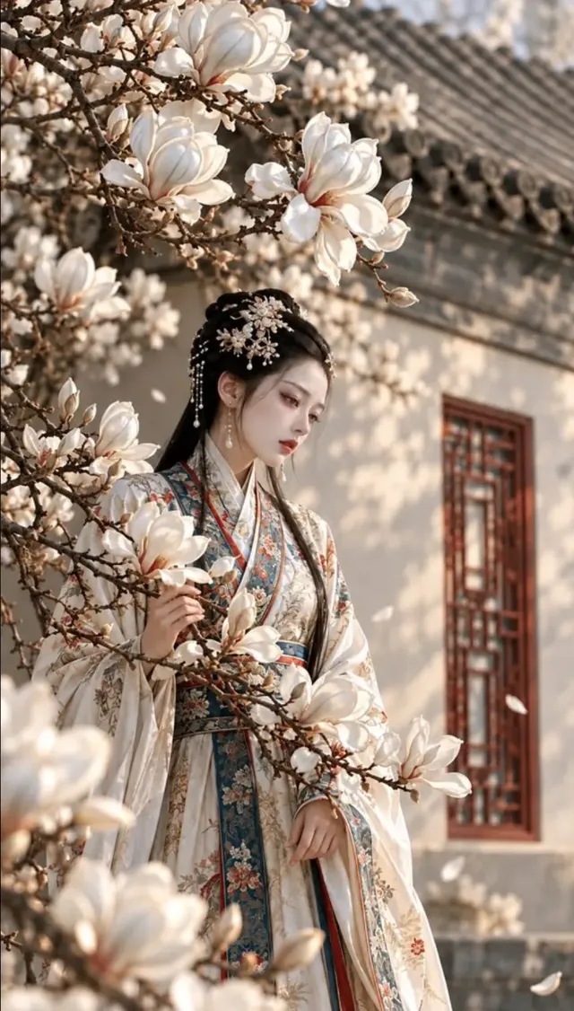 A cinematic portrait of a sorrowful young Chinese woman in traditional ivory Hanfu with floral embroidery, posing gently beneath blooming white magnolia trees.
