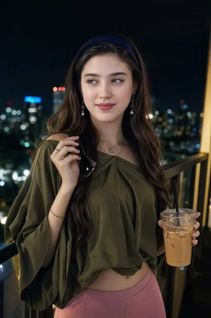 A young woman with fair skin and brown hair stands on a balcony at night, holding an iced coffee and sunglasses, with a dreamy expression.