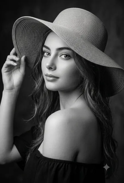 Elegant black and white studio portrait of a young woman wearing a wide-brimmed hat.