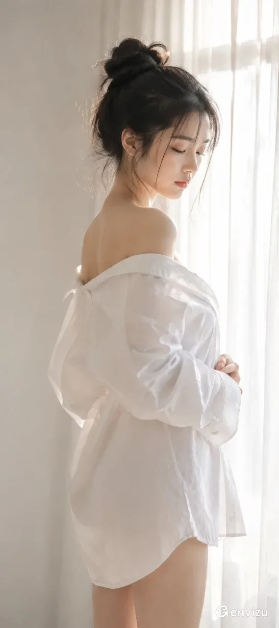 Ultra-vertical fine-art portrait of an East Asian woman with dark hair in a loose bun, wearing an oversized white shirt, her head turned in profile, eyes closed, conveying shy introspection and calm in soft morning window light.