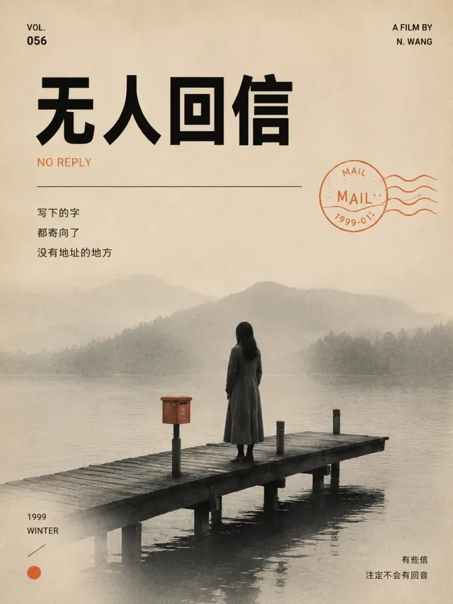 Minimalist nostalgic film poster with a black and white scene, a single warm orange element, and significant white space, evoking a sense of quiet emotion.