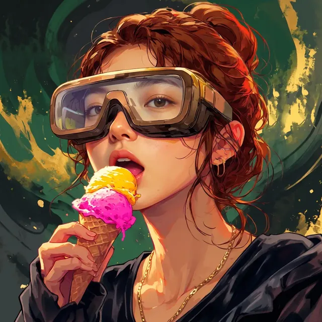 Close-up portrait of a stylish woman with copper hair and oversized goggles eating a colorful ice cream cone against a painterly dark green background.