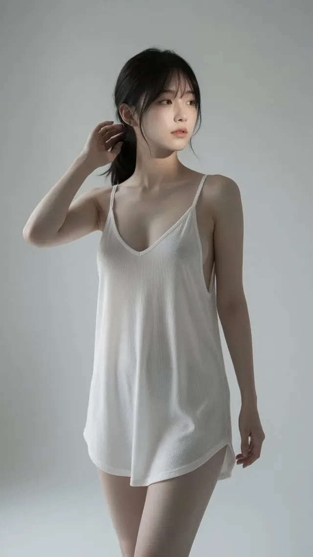 Portrait of a young East Asian woman with black hair tied in a ponytail, wearing a white slip dress, looking to the side with a gentle expression, illuminated by soft light against a neutral background.