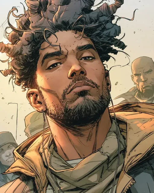 A close-up, dramatic comic book style illustration of a man with curly hair, a beard, and intense eyes, with other figures blurred in the background.