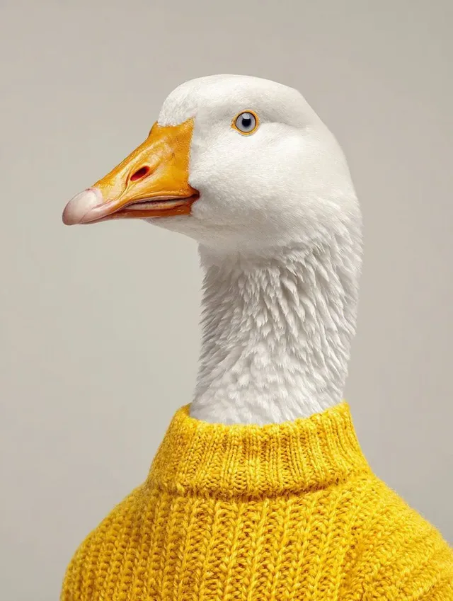A highly detailed, photorealistic image of a white goose wearing a knit sweater, presented in a studio setting with soft lighting against a white background.