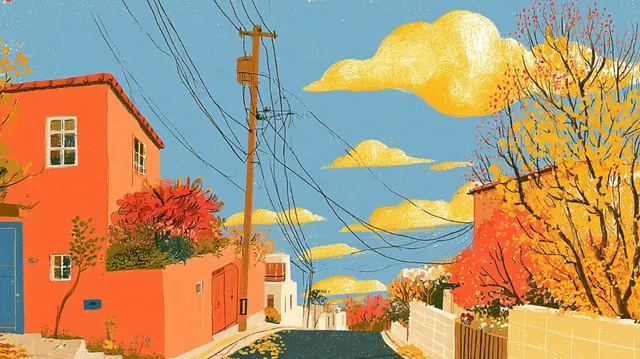 An illustration of a street lined with orange houses and autumn trees under a blue sky with yellow clouds.