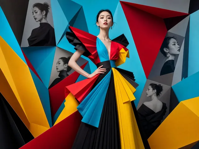Elegant Korean woman in vibrant avant-garde couture, centered in a futuristic architectural space with folded geometric surfaces containing monochrome portraits.
