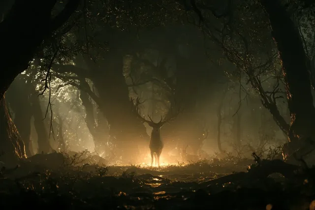 Cinematic rendering of a subject in dense fog, with atmospheric layers, warm backlighting, glowing particles, and deep shadows, creating a mysterious and dramatic mood.