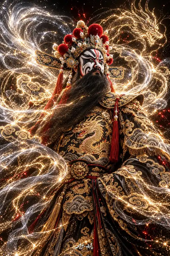 An adult Chinese woman in traditional Peking opera qingyi costume, with water sleeves dissolving into luminous stardust against a black void.