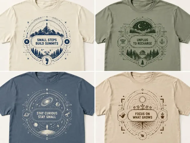 A t-shirt design mockup with concentric geometric shapes and minimalist motifs in two colors.