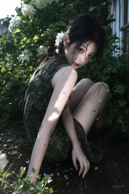 Photorealistic portrait of a young Asian woman with dark hair, wearing a green dress, sitting on a wooden deck in a garden with flowers, illuminated by dappled sunlight.