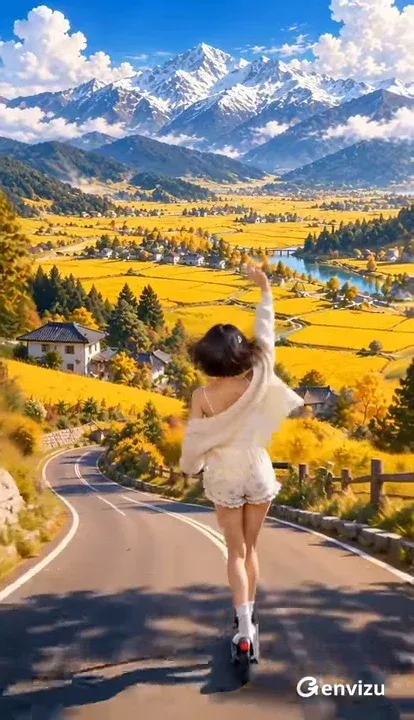 Young woman with short dark hair, wearing a camisole and cardigan, rides a kick scooter downhill on a mountain road, waving her left hand.