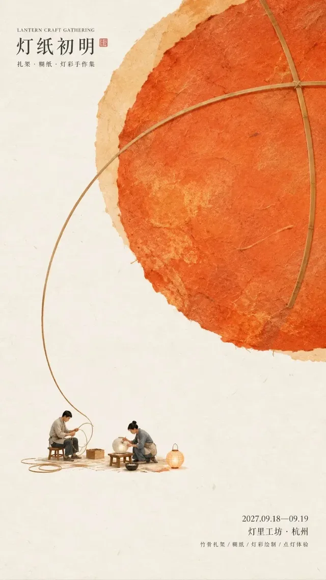 A minimalist poster with large, muted color blocks showcasing handmade paper texture. A small, detailed scene depicts artisans at work, with subtle cultural elements and refined typography.