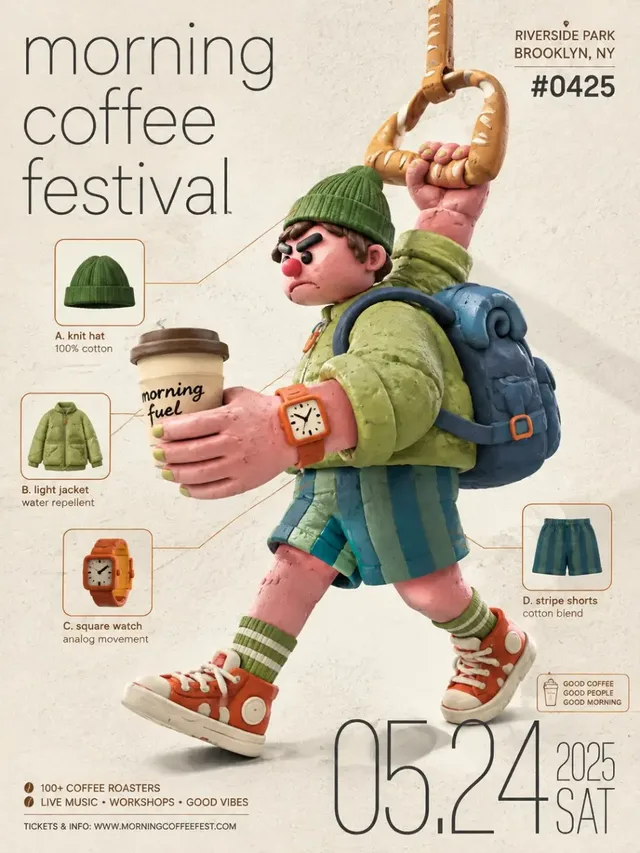 3D claymation character for a coffee festival poster, holding coffee and bread, with product details highlighted by thin lines.