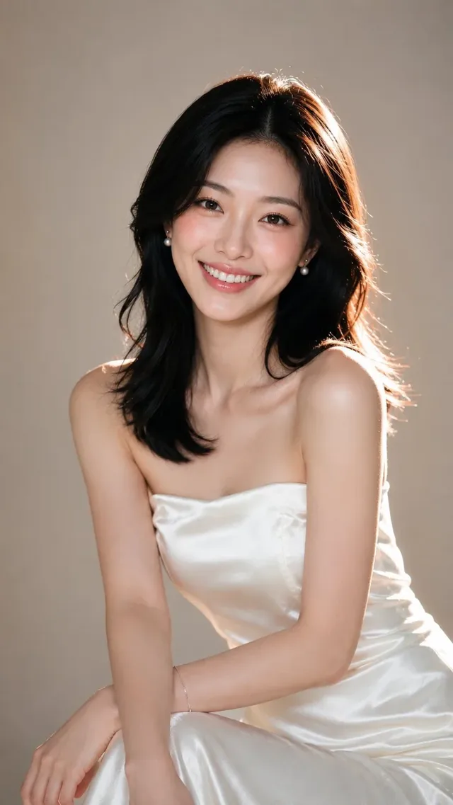 Ultra-photorealistic beauty portrait of an East Asian woman with a genuine smile, clear porcelain skin, silky black hair, and subtle makeup, wearing a white satin dress, in soft studio lighting.