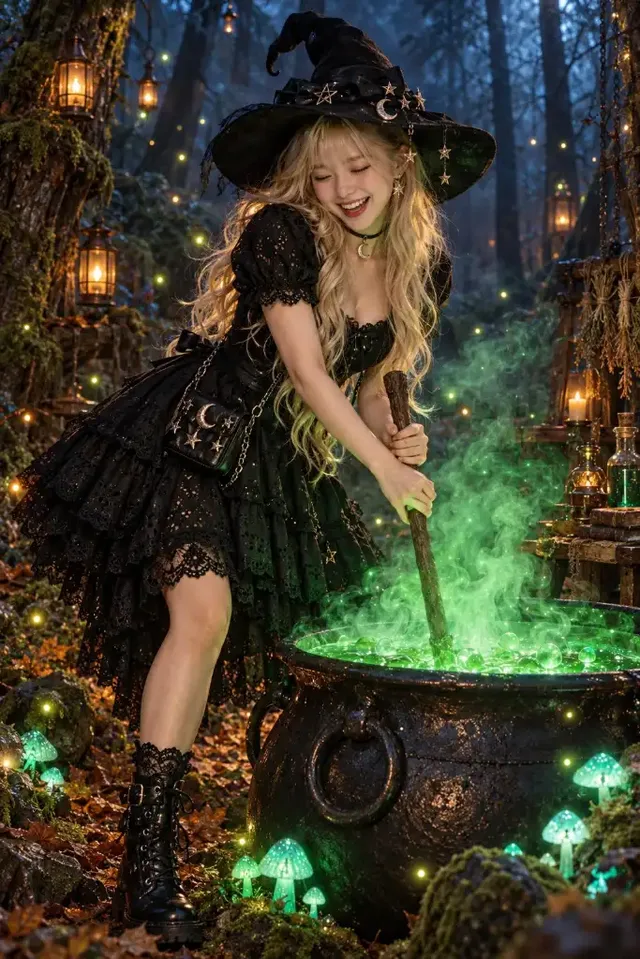 A cheerful witch laughing by a glowing green cauldron in a dark, magical forest lit by fireflies.