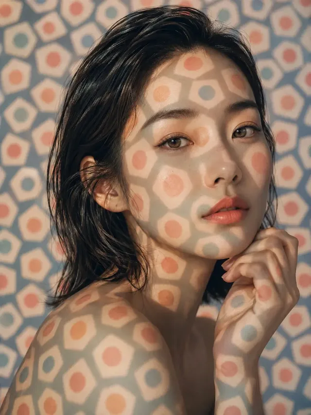 A surreal studio portrait of a person with a continuous, optically bending projection pattern. The pattern is soft and diffused on the subject's face and body, and crisp and vivid on the background.