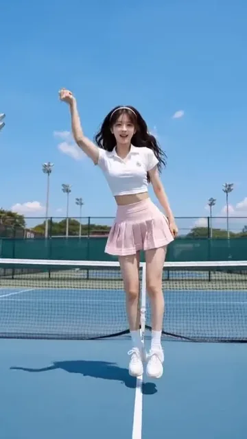 16-panel storyboard of young East Asian female K-pop dancer in white cropped polo and pink pleated skirt on tennis court.