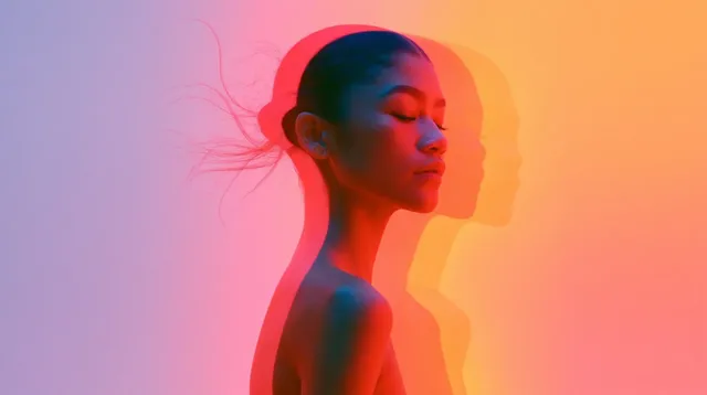 Zendaya in a white bodycon dress, depicted with a stereoscopic, double exposure effect using vibrant neon colors, conveying motion and glamour.