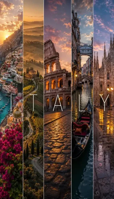 A vertical travel poster divided into panels, each displaying a distinct landscape or landmark representing a destination.