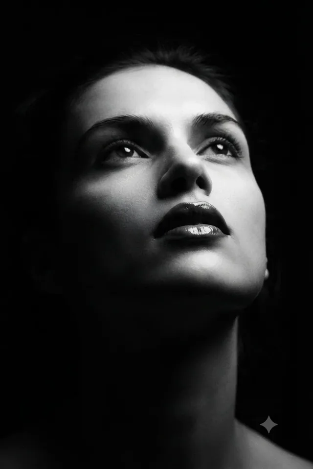 Black and white portrait of a woman looking upward, her face illuminated by dramatic chiaroscuro lighting, conveying a serene and contemplative expression against a black background.