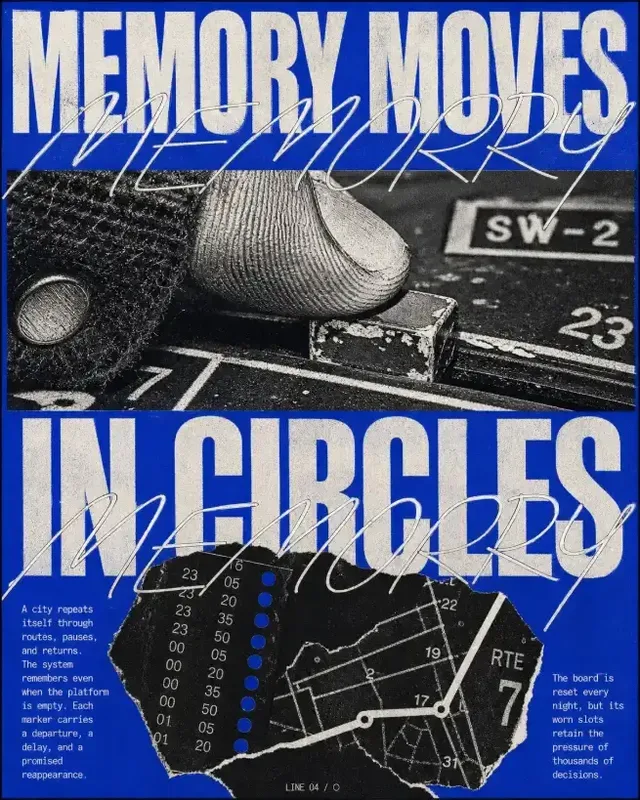 An experimental poster in cobalt blue, white, and black. Features a macro crop of a thumb, radio wheel, and headphone cable, with split headlines and dense text.