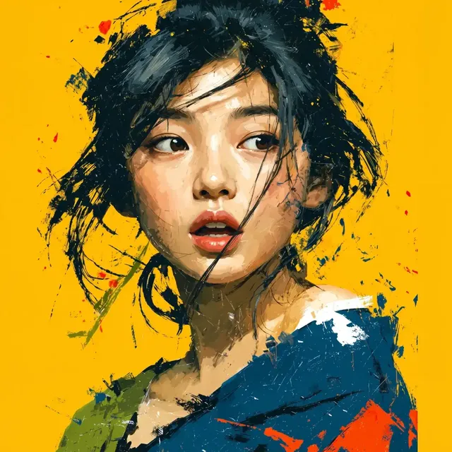 Modern fine art portrait of a young East Asian woman with soulful eyes, parted lips, messy black hair, wearing a Prussian blue kimono with abstract green and red brushstrokes, against a yellow background with paint splatters.