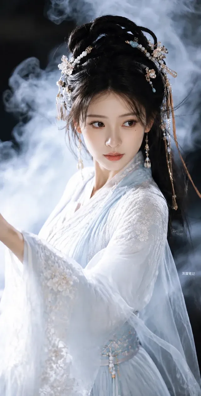 Hyperrealistic cinematic portrait of an Oriental woman with delicate features, wearing a white and blue Hanfu, her face turned towards the camera with eyes gazing into the distance, enveloped in soft light and atmospheric mist.