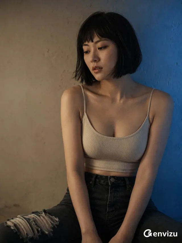 A woman with short black bob hair and bangs sits in a dimly lit room, looking down and to the left. She wears a beige ribbed tank top and jeans, with cool blue light illuminating the right side of the scene.