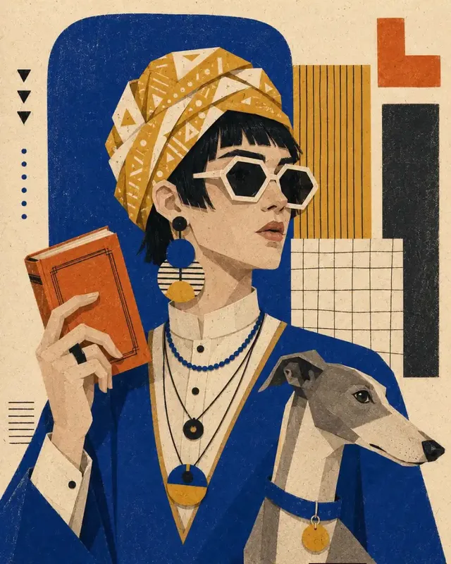 Waist-up editorial portrait of a character in a paper collage style, with geometric sunglasses and layered necklaces, beside a stylized animal figure, against a background of overlapping paper elements.