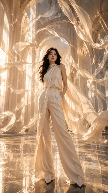 Elegant East Asian woman in ivory couture silk, posing in a surreal cathedral of flowing silk ribbons with golden sunlight.