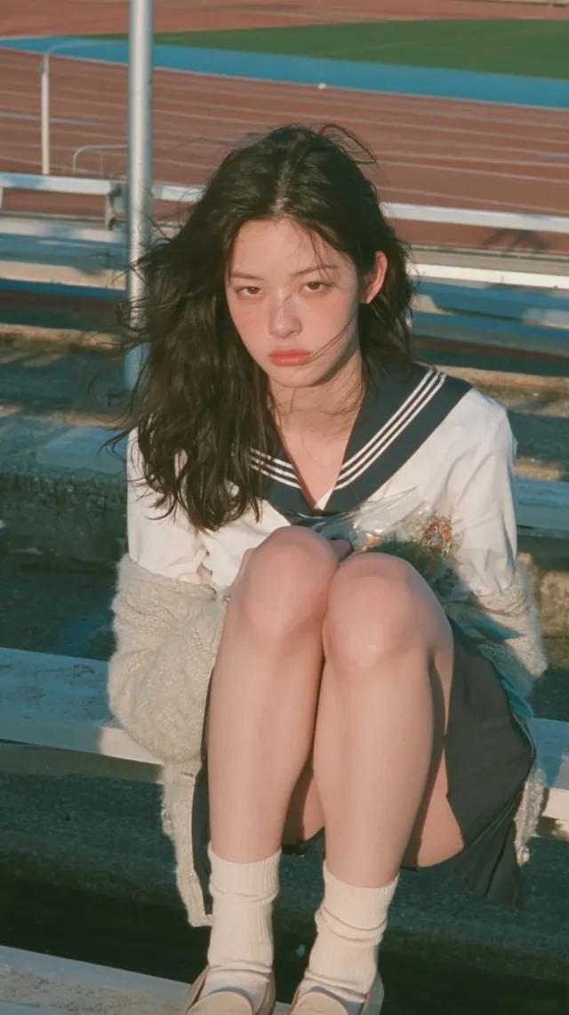Cinematic portrait of an East Asian woman holding a graduation bouquet on school bleachers during golden hour.