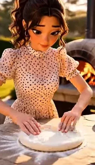 Close-up of a woman's hands kneading pizza dough beside a wood-fired oven.