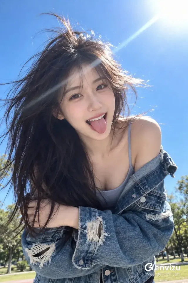 Vertical natural sunlit outdoor portrait of an adult East Asian woman leaning toward camera in a breezy park under a blue sky.
