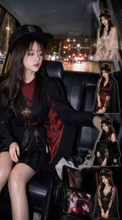 A woman seated in a taxi at night, with a UI panel on the right displaying garment previews. She is shown transitioning through different outfits.