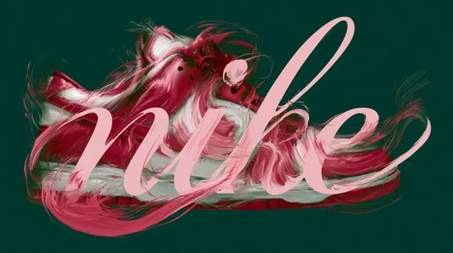 Nike sneaker depicted with thick, energetic crimson and white brushstrokes against a dark green background, with the word 'Nike' stylized in flowing pink script overlaying the shoe.