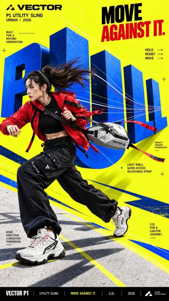 A realistic commercial campaign poster featuring oversized typography that appears to control gravity, affecting the subject's pose, hair, and clothing to create a dynamic visual effect.
