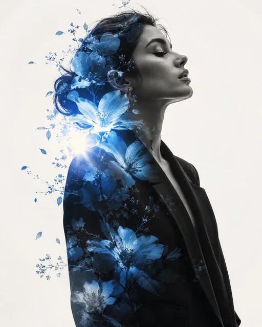 Monochrome fashion portrait of a woman with a confident gaze, her silhouette intertwined with translucent blue flowers and branches.