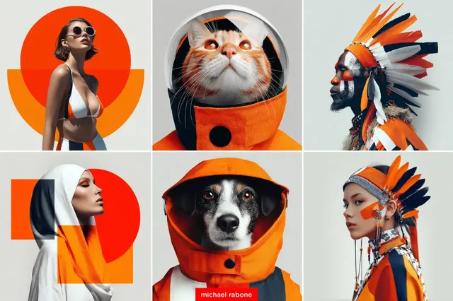 A grid of six portraits: a woman in a bikini, a cat in a spacesuit, a man with face paint and headdress, a woman in a headscarf, a dog in a hooded jacket, and a woman in a feathered headdress, all featuring orange and white elements.