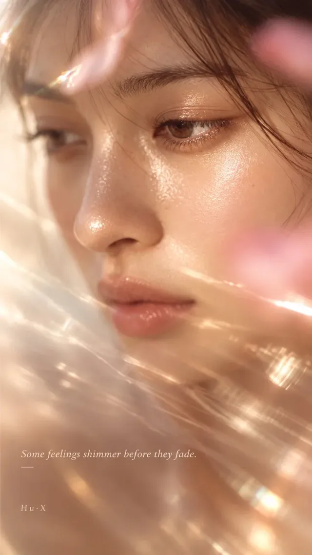 Intimate close-up of a young East Asian woman's face, featuring hyper-realistic skin texture with a luminous moisture sheen. Warm backlight and in-camera lens flares create a cinematic, editorial aesthetic, with parts of the face softly obscured by light.