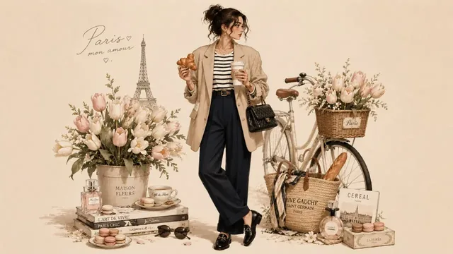 A woman in chic Parisian attire holding a croissant and coffee, with a bicycle, flowers, and iconic Parisian landmarks in the background.