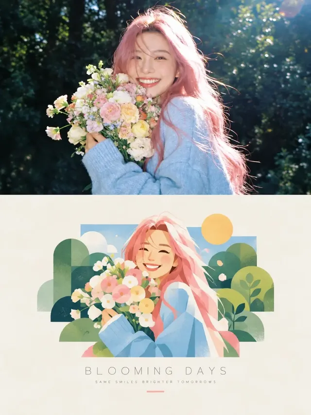 A vertical editorial poster showing a photorealistic upper half transforming into a soft pastel digital illustration in the lower half.