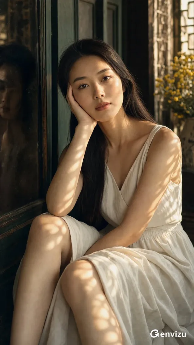 Vertical 9:16 cinematic photograph of a 26-year-old East Asian woman seated in a window alcove, wearing an ivory dress, bathed in golden light. She looks directly at the camera with a calm, self-possessed expression.