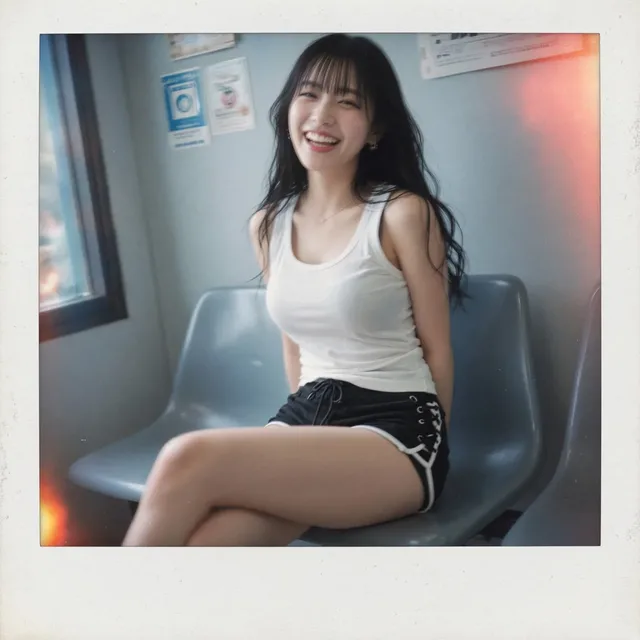 A young woman with a joyful expression, wearing a white tank top and black micro shorts, sits in a laundromat. The image is in a Polaroid style with soft colors, motion blur, and film artifacts.