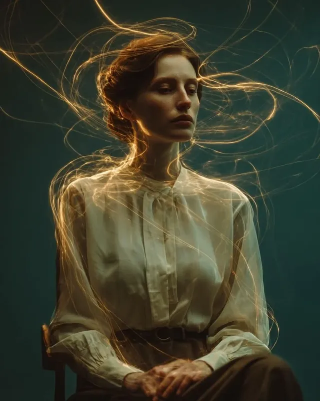 Cinematic fine-art portrait of a serene young woman seated, with golden light trails orbiting her body and head, against a deep teal studio backdrop, lit with dramatic Rembrandt lighting.