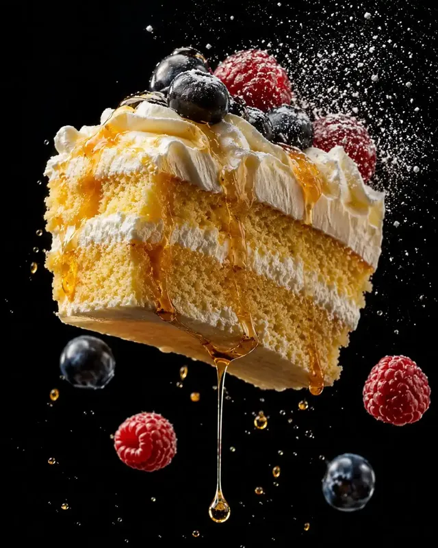 Extreme close-up levitating food shot: layers of strawberry shortcake with whipped cream and strawberries, or a cake slice with honey drip, or pancakes with butter and berries, all floating mid-air against a black background with dramatic lighting.