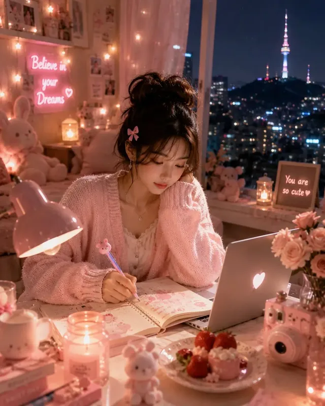 Ultra-realistic Korean study room at night, girl with messy high bun in pink cardigan writing in planner, Seoul skyline visible through window, filled with cozy decor and warm lighting.